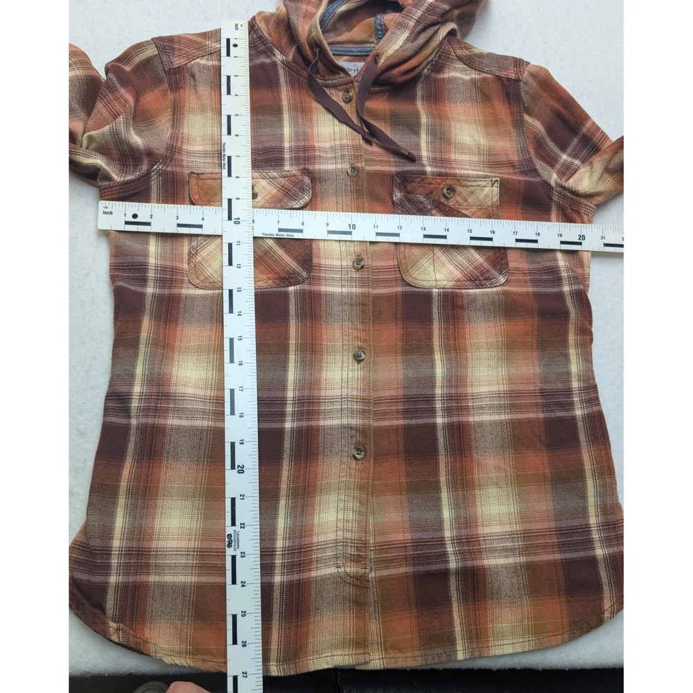 Carhartt Hooded Flannel Shirt Kids Medium 8/10 Brown Orange Plaid Button Up - Picture 5 of 7